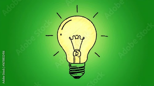 Animated Hand-Drawn Light Bulb Idea Sketch Turning On with Glowing Light Rays on Green Screen Background