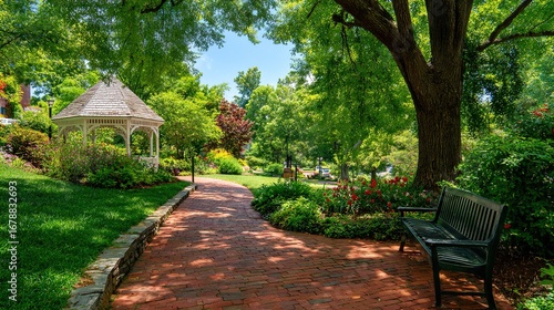 Beautiful Green Garden with White Gazebo, Brick Pathway, and Blooming Flowers