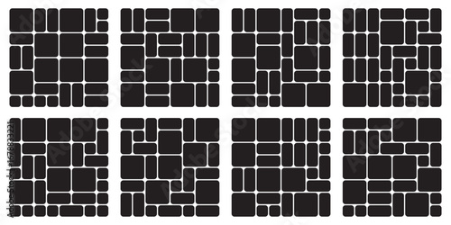 Bento grid vector square layouts. Geometric tiles pattern for photo collage, website layout, etc. Trendy tiling frames arrangements and presentation templates for social media.