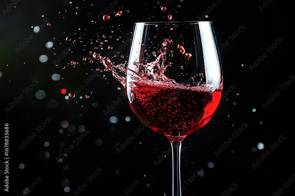 Fototapeta premium Splashing red wine in elegant glass against black background capturing motion energy and luxury beverage concept