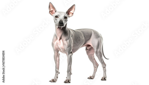 American hairless terrier standing alert with smooth gray skin on white