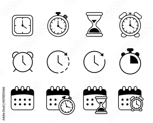 알람 시계 날짜 달력 라인드로잉 아이콘 세트(clock calendar line drawing icon set)
