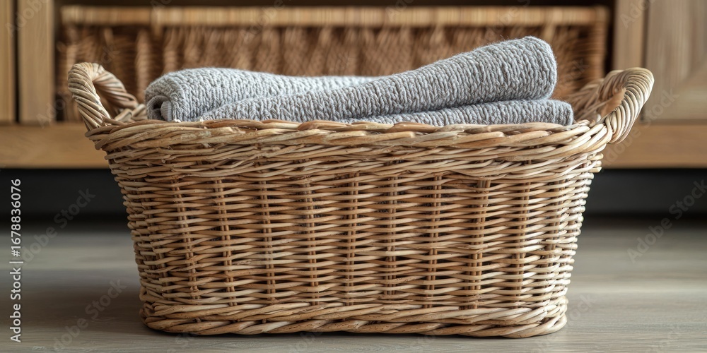 Obraz premium A woven wicker basket filled with a soft, gray towel is placed on a wooden floor. The basket has curved handles and a rectangular shape.