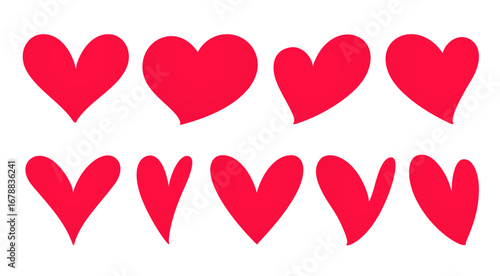 Set of red hearts on white background. Various simple hearts in different styles.