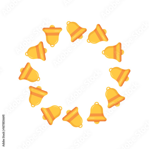 Circular frame made of golden bells. Decorative round frame composed of golden festive bells on white background, perfect for holiday design or celebratory themes