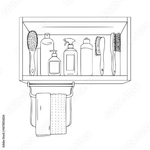 Hair care products and tools arranged on bathroom shelf  - Shelf with cleaners vector