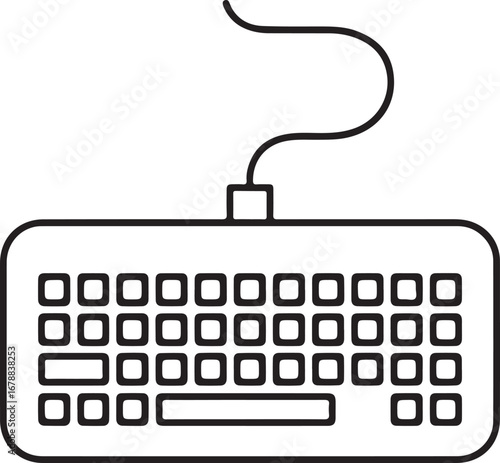 Simple outline drawing of a computer keyboard with a curved cable
