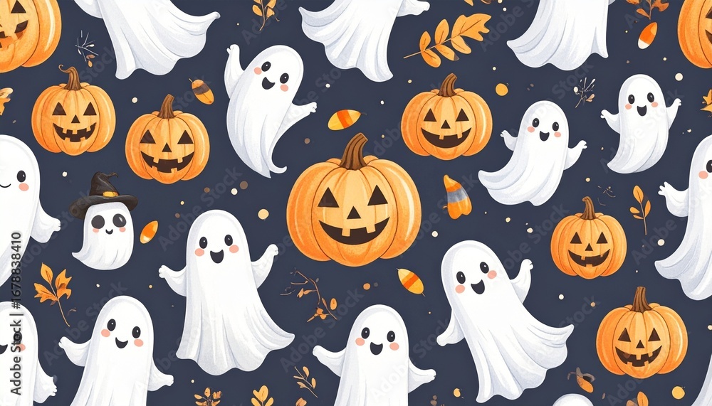 Fototapeta premium Cartoon ghosts and smiling pumpkins scattered across a dark background with autumn leaves