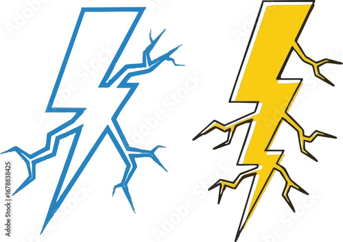 Two stylized lightning bolts one in blue and one in yellow with black outlines on white background