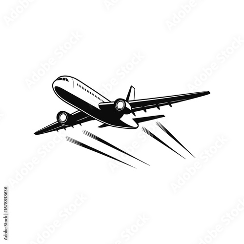 Airplane silhouette in takeoff motion, designed in a clean minimalist style for travel and transport themes. Crisp vector icon illustration clipart on white background flat black bold.