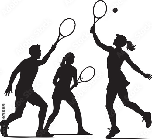 Three tennis players in action silhouettes with racquets and ball sport