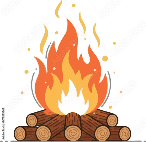 Illustration of a campfire with burning logs and bright orange flames against white background