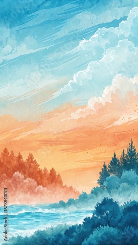 Vibrant watercolor landscape with blue sky orange clouds and green trees by the water 2025 2026 Full HD 4K High Quality Download