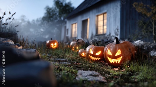 Wallpaper Mural Halloween pumpkins spooky house night scene outdoor close-up view festive atmosphere Torontodigital.ca