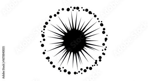 A black spiky starburst with a ring of small dots around the outer edge on a white background.
