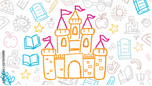 A whimsical drawing of a castle with flags surrounded by doodles of books and school supplies art