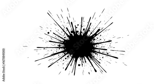 Dynamic black ink splatter exploding outwards on a stark white background, creating an abstract graphic element.