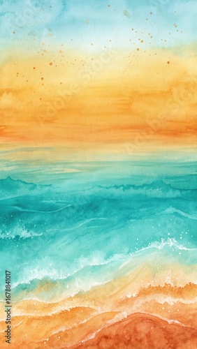 Watercolor beach scene with orange sand and turquoise ocean waves 2025 2026 Full HD 4K High Quality Download