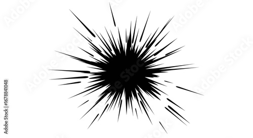 Black and white radial explosion graphic element on a white background.