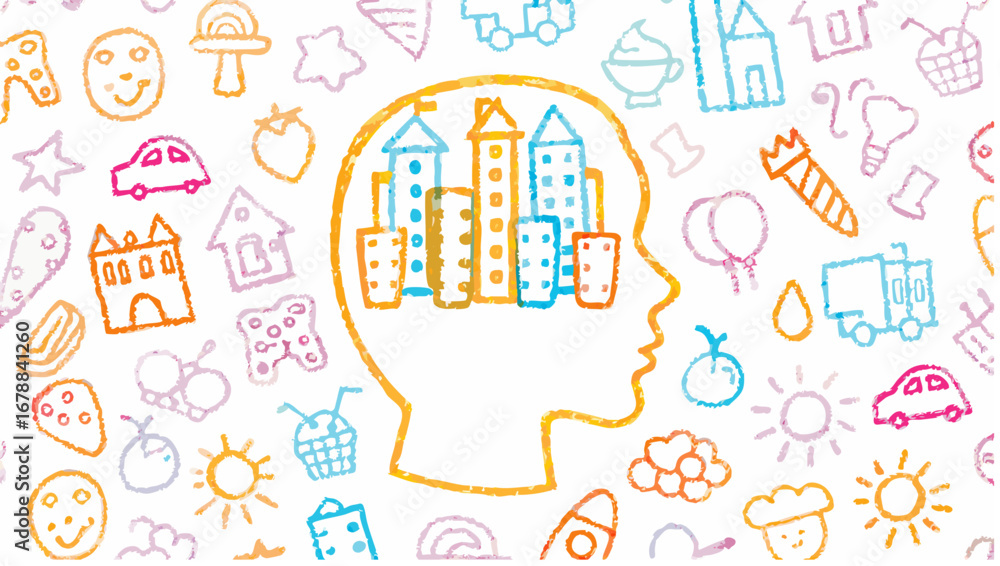 Illustration of a head outline filled with buildings surrounded by various doodle drawings art style