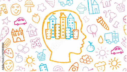 Illustration of a head outline filled with buildings surrounded by various doodle drawings art style