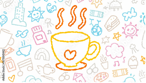 Illustration of a steaming coffee cup with a heart on it surrounded by doodle style drawings