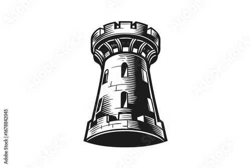Black & White of a Medieval Stone Tower Isolated on White Background
