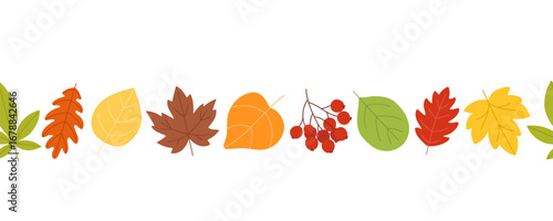 Vector autumn leaf garland. Seasonal fall seamless border in warm colors, perfect for invitations, holiday decorations, web headers,mailing and fall festival illustrations