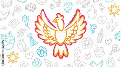 Hand drawn phoenix with wings spread surrounded by various doodle illustrations on white background