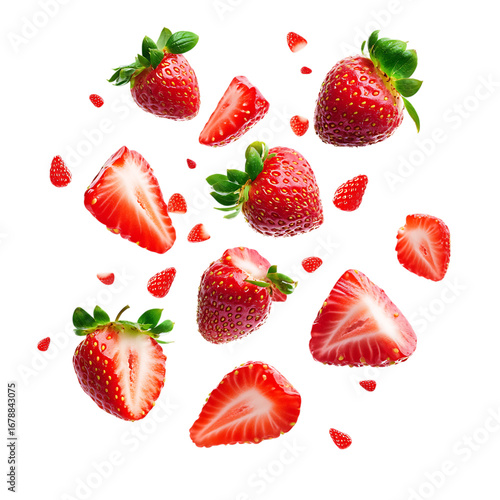 Fresh stawberry pieces flying around png