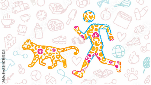 Illustration of a patterned person running next to a patterned cat with doodles in the background