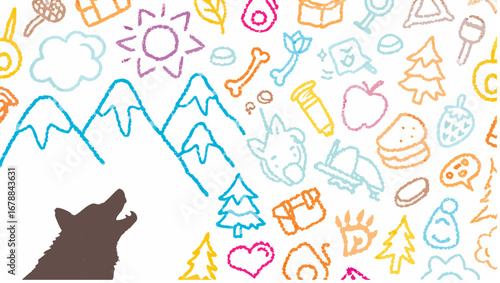 Illustration of a wolf howling below mountains with camping and nature themed drawings above it