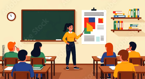 A smiling female teacher enthusiastically presents a colorful design chart to attentive students in a bright classroom.