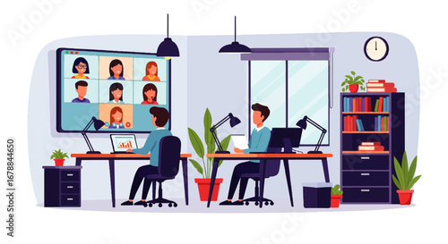Two colleagues collaborate in a modern office, participating in a productive video conference with a diverse team displayed on a large screen.