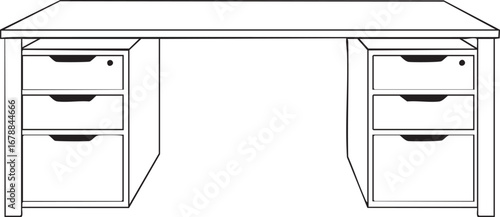 Illustration of a desk with drawers on both sides in a minimalist black and white style