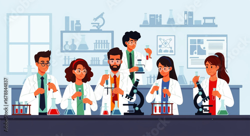 A diverse team of scientists conducts experiments with test tubes and microscopes in a modern, bright laboratory, fostering a collaborative and innovative atmosphere.