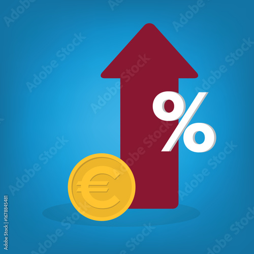Increased income or revenue, capital gain, increased sales turnover, Euro and arrow with percentage sign
