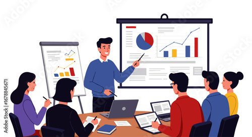 A smiling businessman confidently presents financial data and growth charts to his attentive team during a productive office meeting.