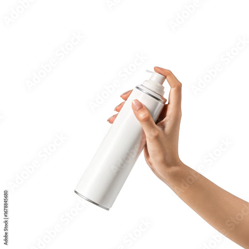 Hand holding a white spray can with a black background isolated on transparent background
