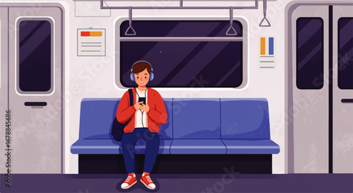 A young person sits peacefully on a subway car seat, listening to music on headphones and using a smartphone.