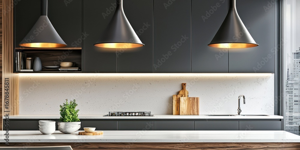 Fototapeta premium A modern kitchen interior features dark gray cabinets with a sleek, minimalist design. Three large, dark metal pendant lights with gold interiors illuminate a white countertop island. 