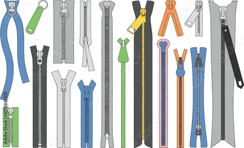 Assortment of colorful zippers and zipper pulls in various styles and sizes zipper slider zipper teeth