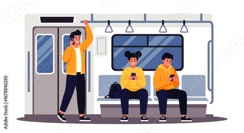Happy young adults using smartphones on a modern subway train, showcasing a cheerful and connected urban commute.