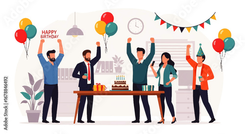 Joyful coworkers celebrate a birthday in the office with cake, gifts, and balloons, expressing excitement and camaraderie.