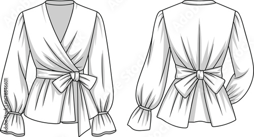 Fashion flat sketch of a wrap blouse with long puff sleeves and tie waist front and back drawing