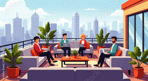 Four professionals collaborate on laptops, comfortably seated on a rooftop patio overlooking a vibrant cityscape, enjoying a sunny, productive workday.