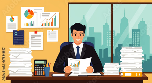 A smiling businessman reviews financial reports in his modern office overlooking a cityscape, showcasing success and hard work.