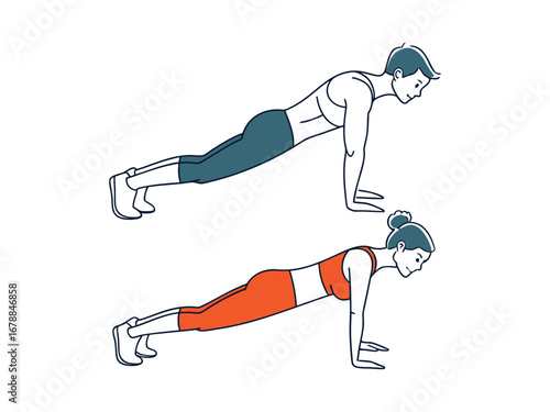 man and Woman doing push up exercise vector  illustration