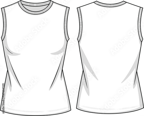 Fashion flat sketches of a sleeveless tank top with crew neck drawing technical