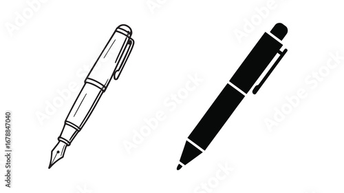 Set of pen illustrations isolated on white background, featuring both classic fountain pen and modern ballpoint pen styles for writing, drawing, and design projects